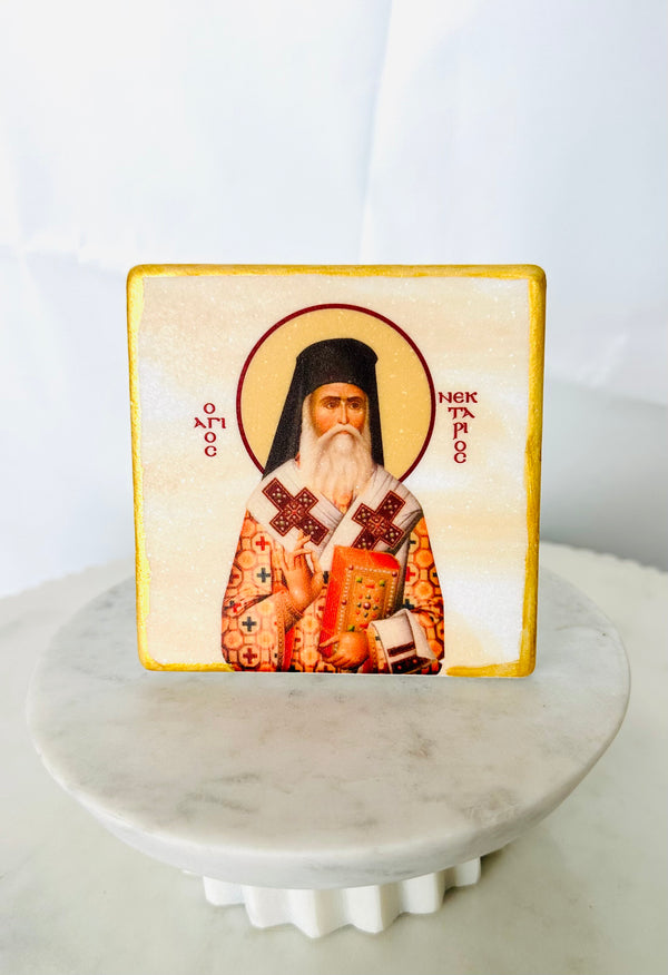 Saint Nektarios Marble Icon