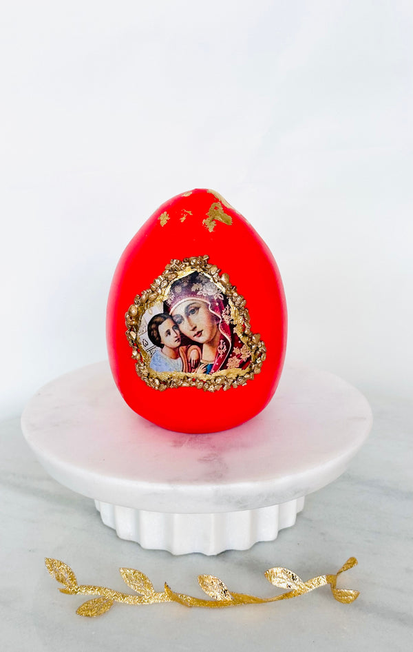 Handmade Red Easter Egg Decor with Panayia and Baby Jesus