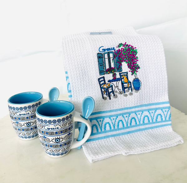 Tea Towel & Espresso Shot Gift Set - Grecian