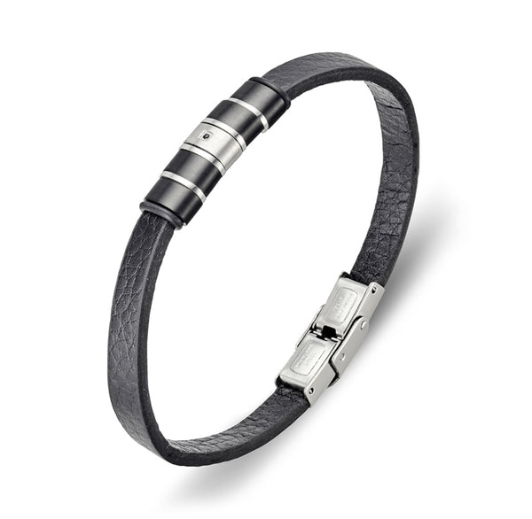 Stainless Steel Men’s Leather Bracelet with Steel Beads