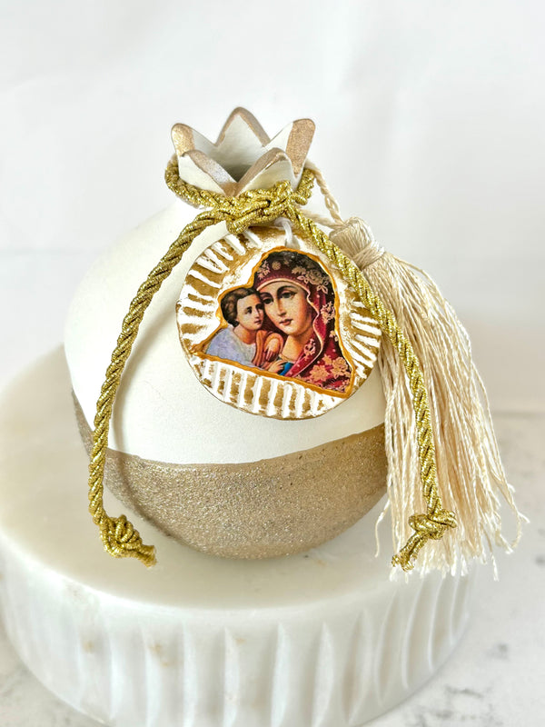 Gold & White Pomegranate with detachable Panayia icon