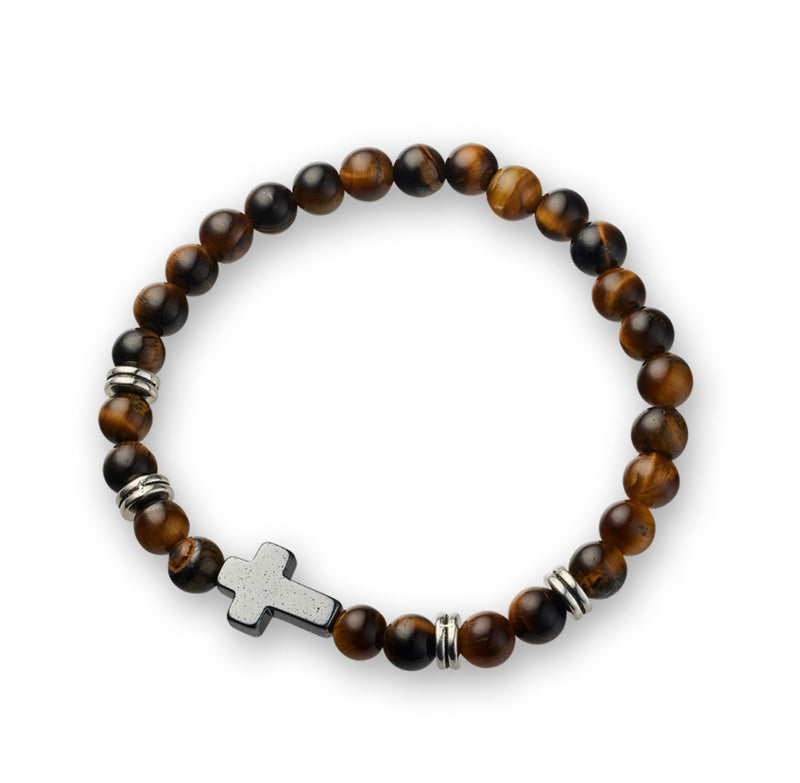 Stainless Steel Tiger Eye Beaded Bracelet with Cross Pendant