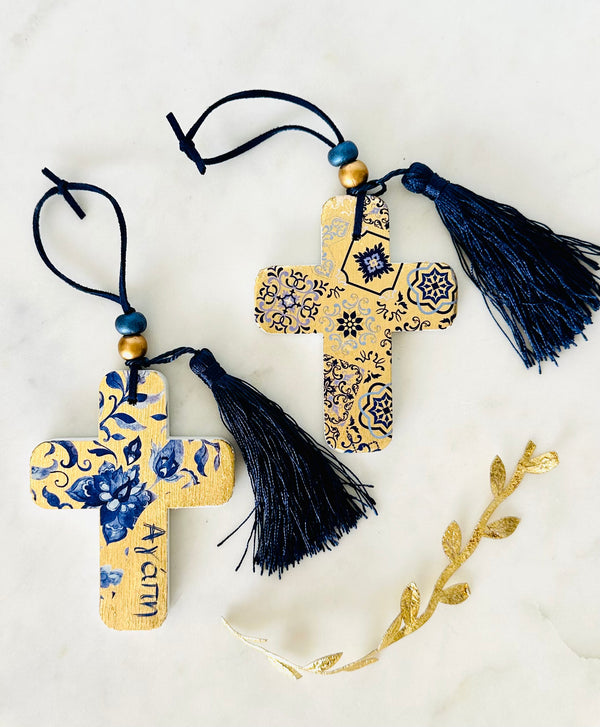 Blue & Gold Decorative Ceramic Hanging Cross