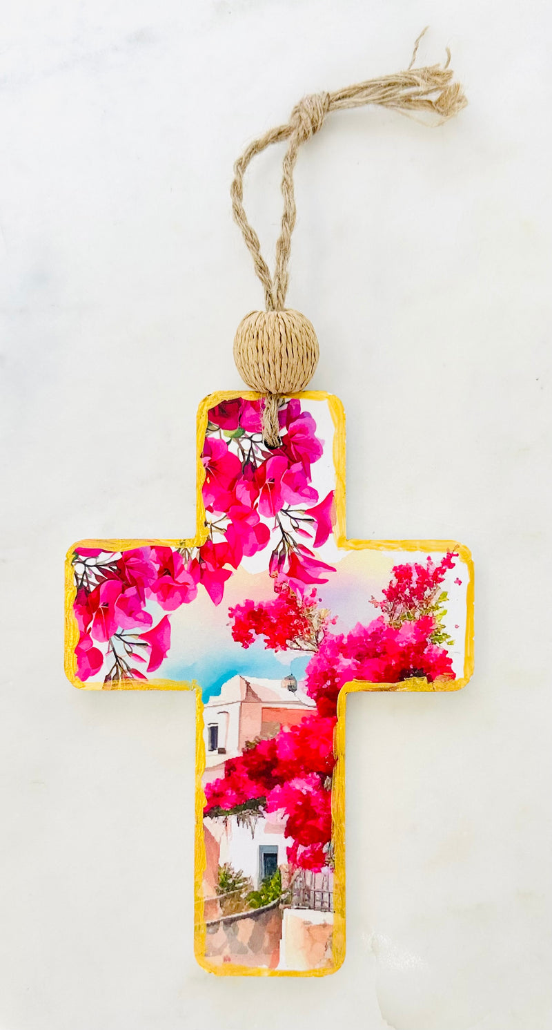 Gold & Pink Bougainvillea Tree Wall Hanging Cross