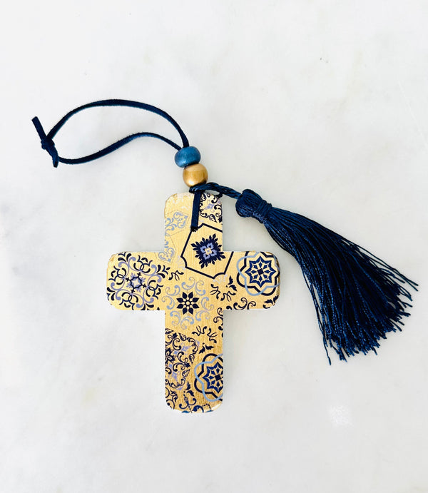 Blue & Gold Decorative Ceramic Hanging Cross