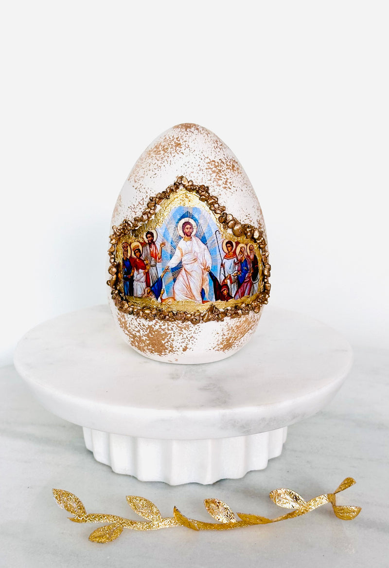 Handmade Easter Egg Decor with Anastasi Icon- White / Gold