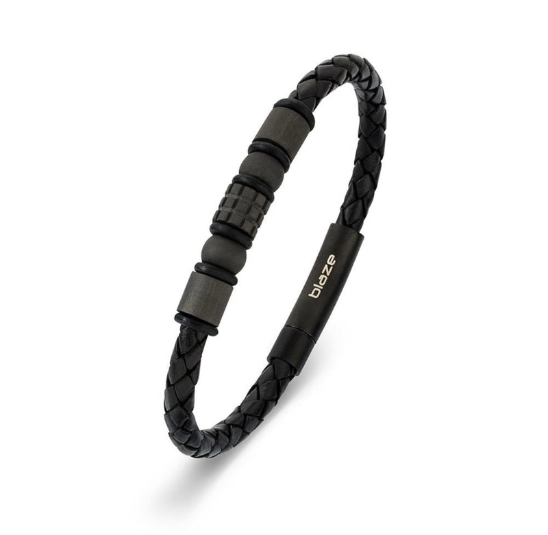 Stainless Steel Men’s Leather Bangle with Carbon Fibre Beads