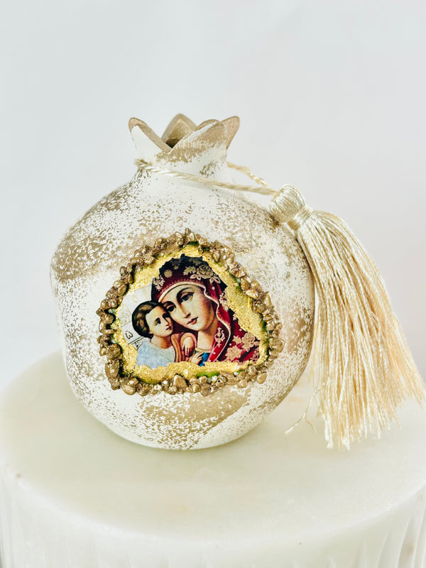 Pomegranate with Panagia & Baby Jesus - White/Gold