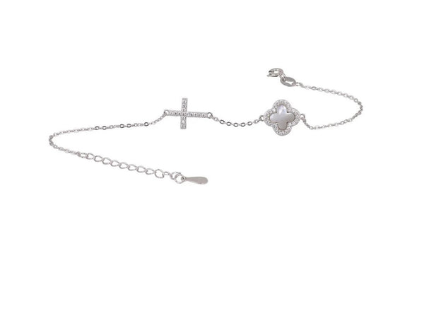 Mother of Pearl Clover & Cross Silver Bracelet