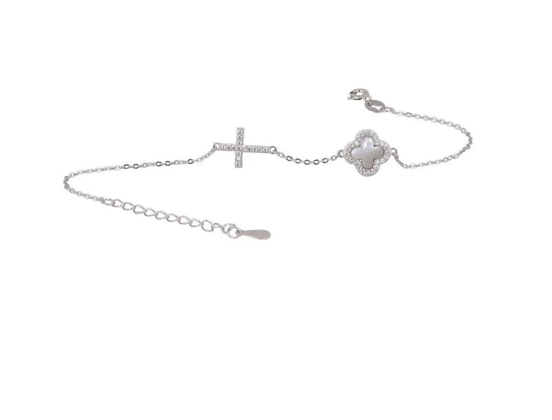 Mother of Pearl Clover & Cross Silver Bracelet