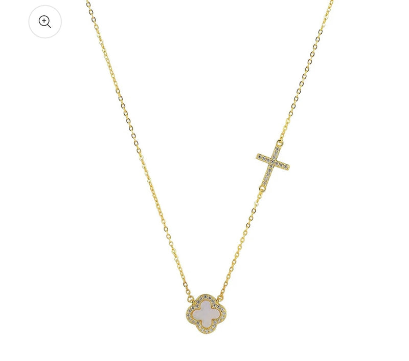 Mother of Pearl Clover & Cross Necklace