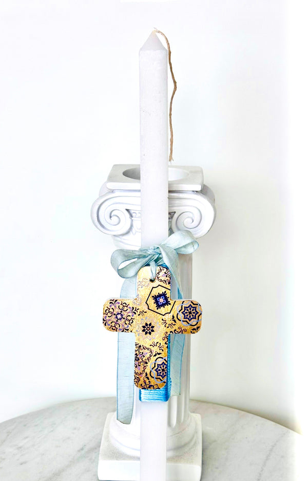 Ceramic Gold & Blue Cross Easter Lambatha