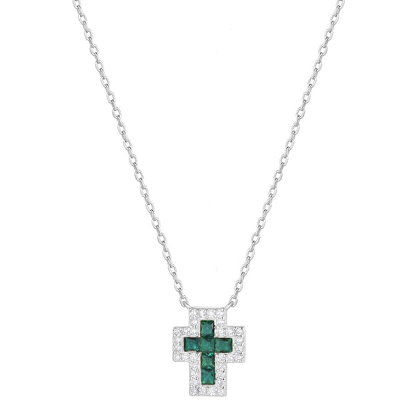 Paros Silver Emerald Cross Necklace