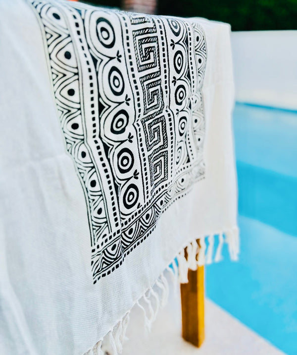 Greek Key Design Beach Towel - Cream & Black