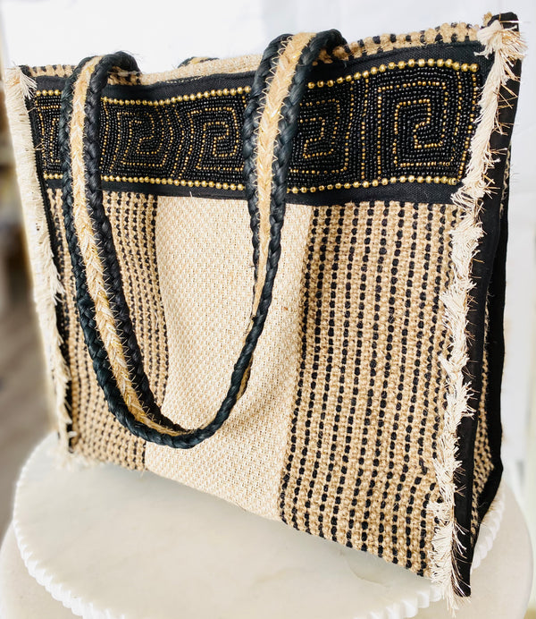 Beaded Greek Key Fringe Shoulder Bag