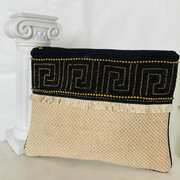 Beaded Greek Key Fringe Clutch Bag