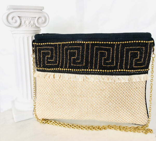 Beaded Greek Key Fringe Clutch Bag