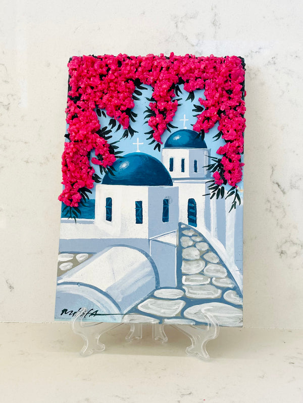 Hand Painted Greek Island Artworks - Church scenery with 3D Pink Crystal Bougainvillea