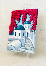 Hand Painted Greek Island Artworks - Church scenery with 3D Pink Crystal Bougainvillea