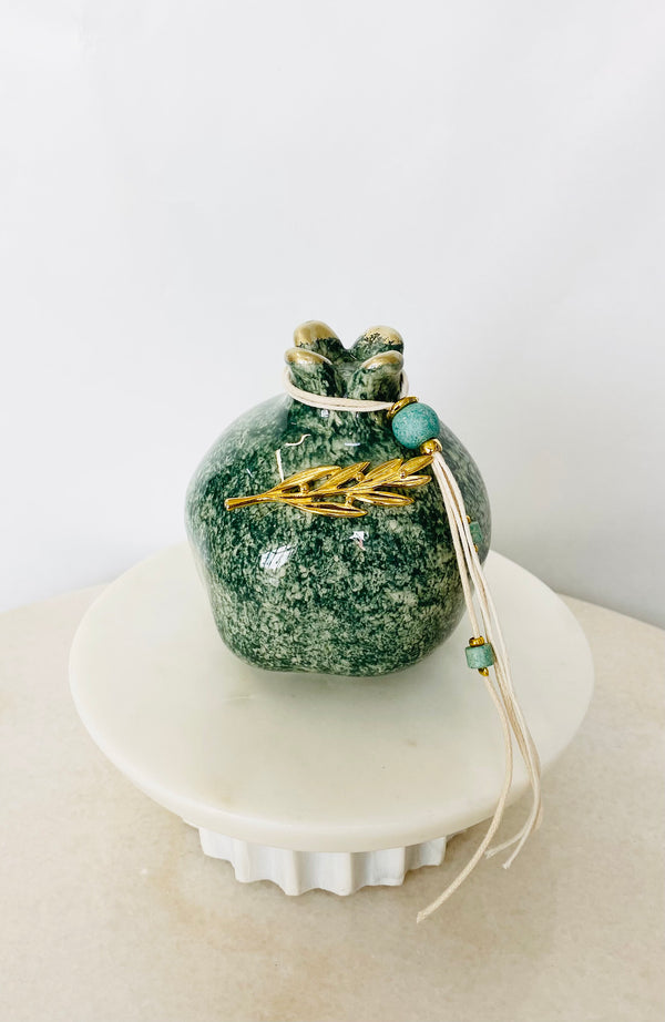 Teal & Gold Leaf Pomegranate with Beaded Rope