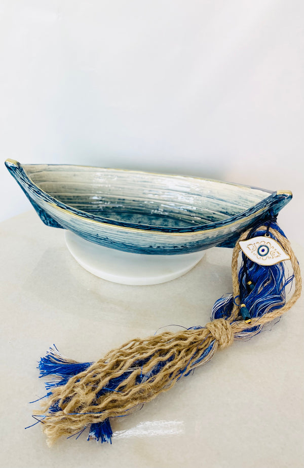 Ceramic Blue Boat with Gold Mati