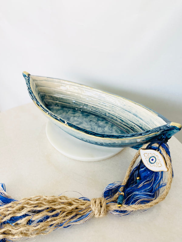 Ceramic Blue Boat with Gold Mati