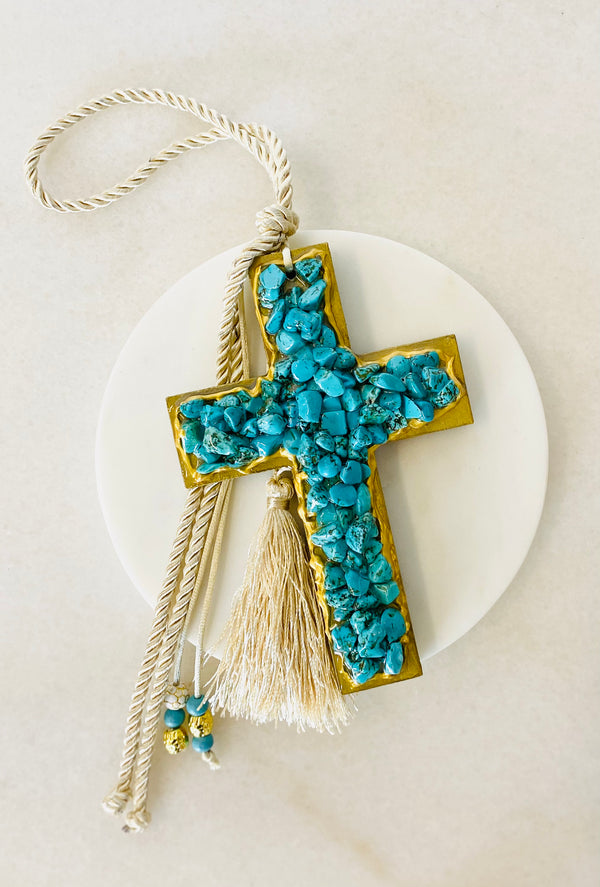 Handcrafted Crystal Cross - Turquoise/Gold