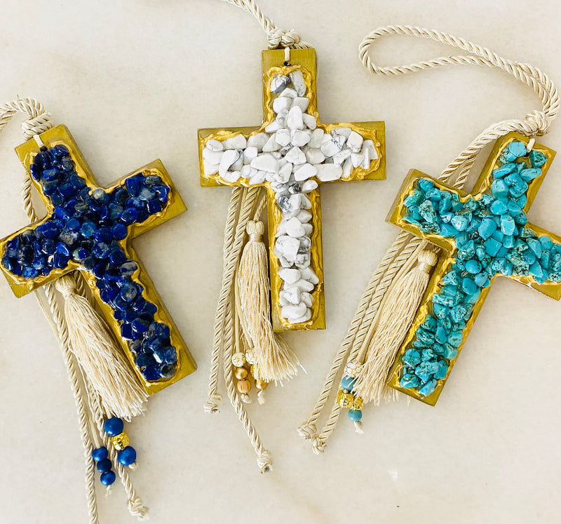 Handcrafted Crystal Cross - Dark Blue/Gold