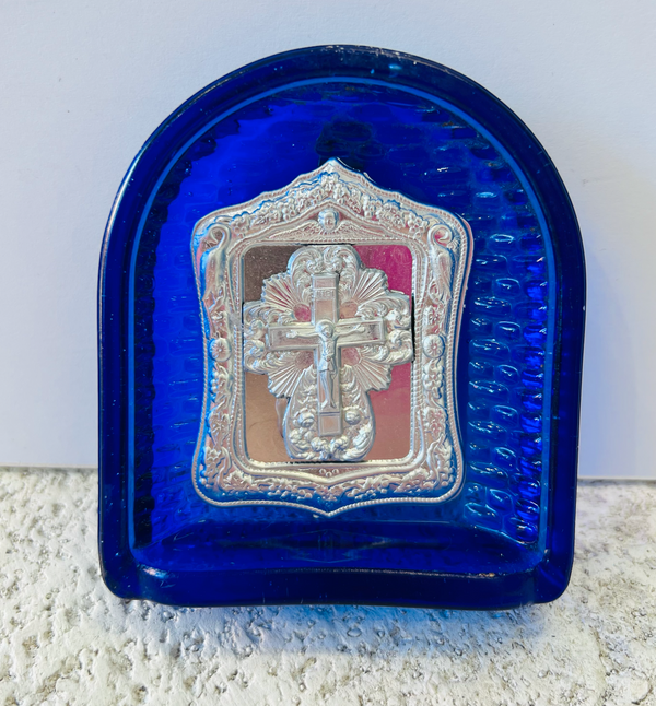 Jesus on Crucifix Blue Glass Arch