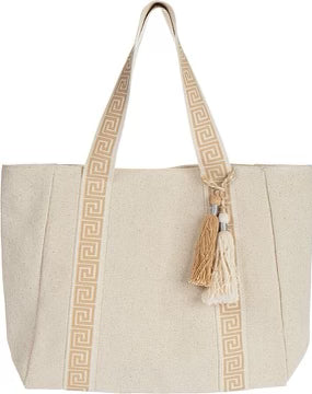 Greek Key Strap Beach Bag - Cream