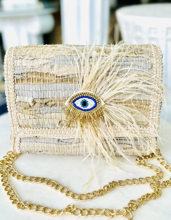 Greek Designer Beige and Gold Mati Shoulder Bag