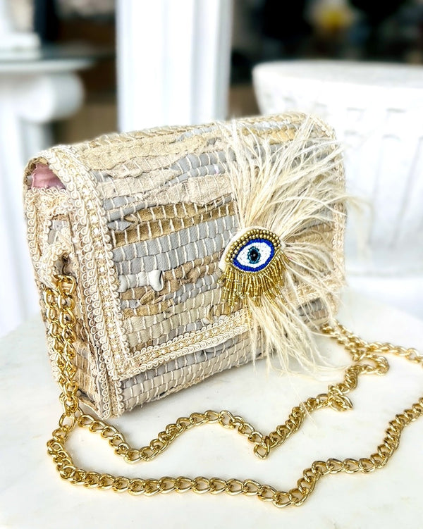 Greek Designer Beige and Gold Mati Shoulder Bag