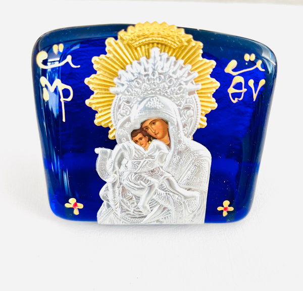 Panayia & Baby Jesus Icon on Blue Glass